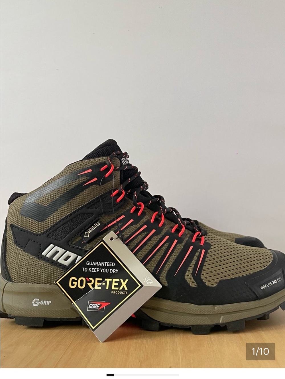 Women’s Inov-8 Olive and Black Trail Mid Hiking Shoe with Red Accents